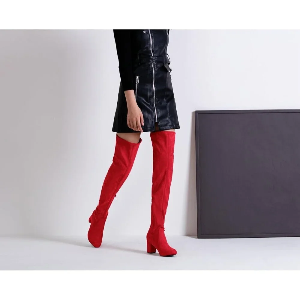 Women's Red Suede Inner Zipper Thigh High Over The Knee High Square Heel Boots